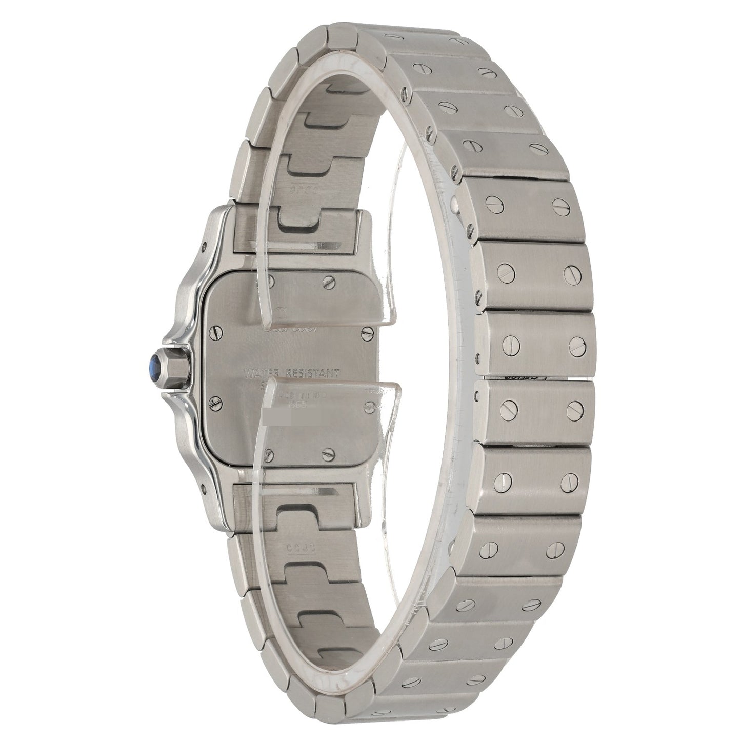Cartier Santos W20056D6 in 24mm stainless steel casem with link bracelet and crown also in stainless steel, back image