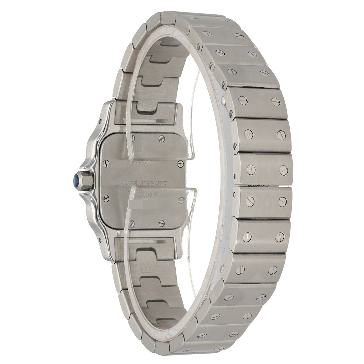 Cartier Santos W20056D6 in 24mm stainless steel casem with link bracelet and crown also in stainless steel, back image