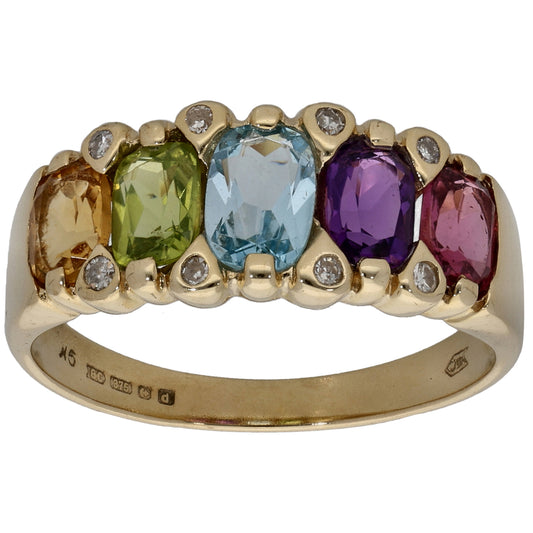 9ct Gold 0.08ct Diamond, Garnet, Amethyst, Topaz, Peridot & Citrine Half Eternity Ring Size O