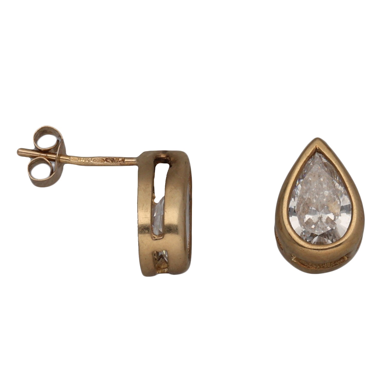 9ct gold teardrop CZ stud earrings, pear-cut crystal in gold-tone prongs