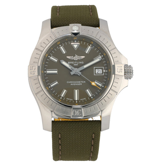 Breitling Avenger A17318, with grey dial and a khaki green fabric/nato bracelet.