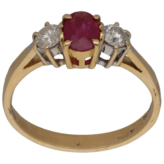 18ct Gold Ruby & 0.25ct Diamond Trilogy Ring Size M
