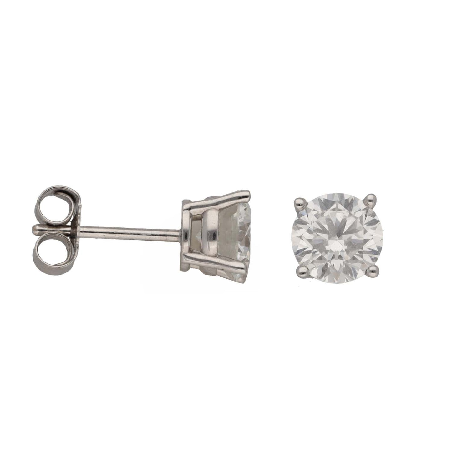White gold-tone CZ single-stone stud earring with round clear crystal and four prongs