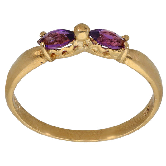9ct gold amethyst two-stone ring, size L, oval purple stones in gold settings