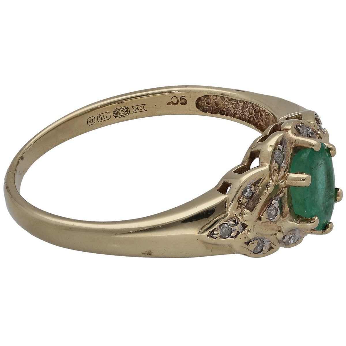 Gold ring with green emerald solitaire and diamond side stones, hallmarked inside