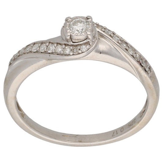 9ct White Gold 0.17ct Diamond Solitaire Ring With Accent Stones Size L