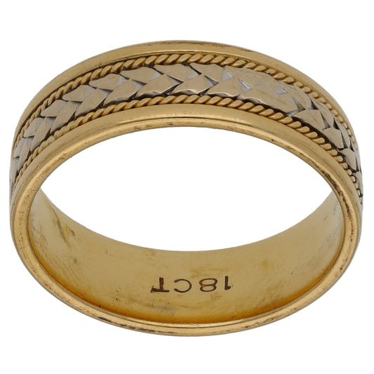 18ct Bi-Colour Gold Patterned Wedding Ring Size P