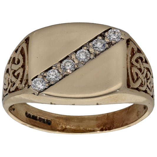 9ct Gold Cubic Zirconia Patterned Signet Ring Size R