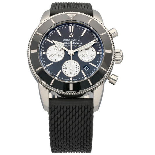 Breitling Vintage AB0162 Stainless steel chronograph watch with navy dial, three subdials, black textured strap
