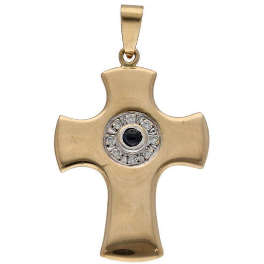 18ct Gold Sapphire & 0.04ct Diamond Cross Pendant