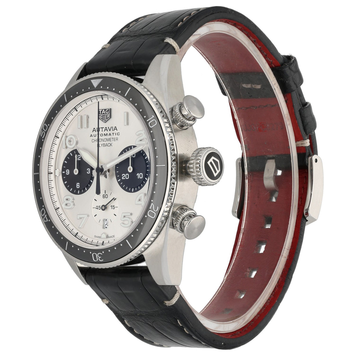 Tag Heuer Autavia 60th Anniversary Flyback Chronograph CBE511B, white dial with subdials in stainless steel case with adjustable leather bracelet, front angle image