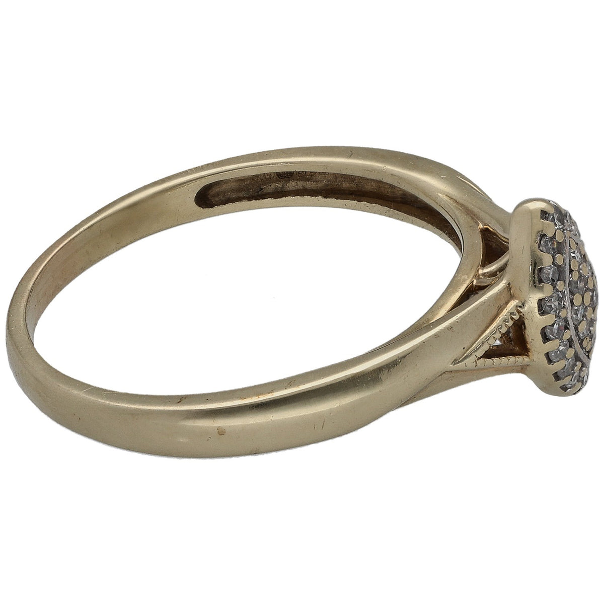 Gold ring band with round diamond cluster bezel and engraved gallery detail