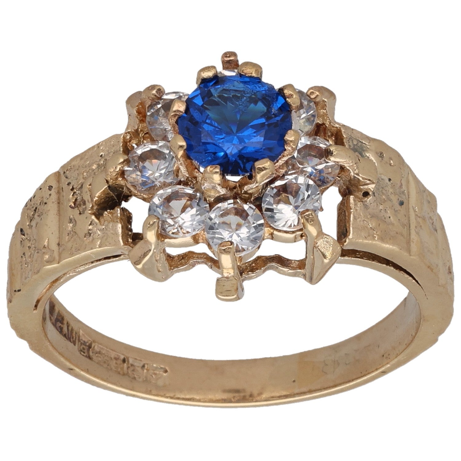 Gold-tone cocktail ring with round blue center stone and clear side stones