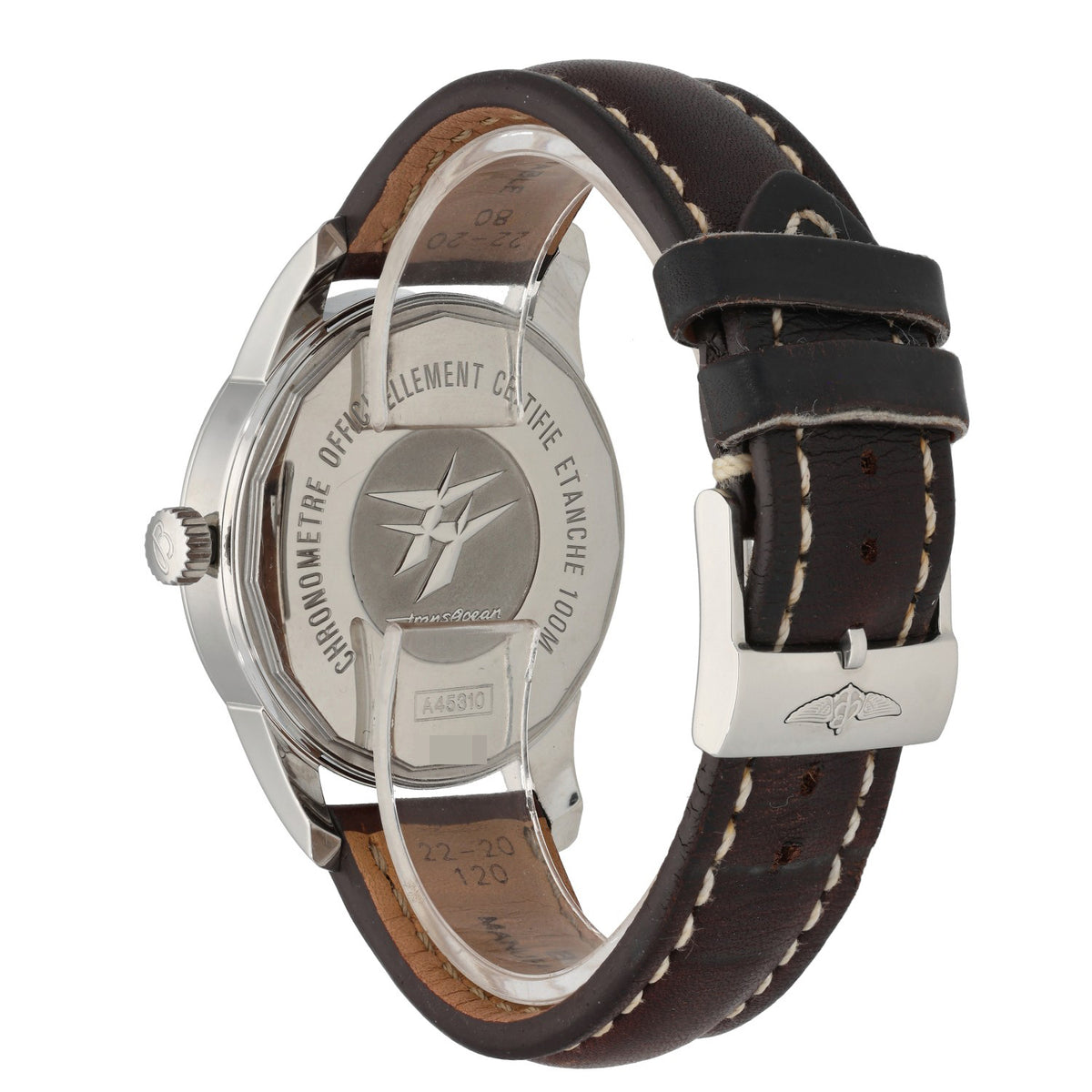 Breitling Transocean A45310 Stainless steel wristwatch with engraved caseback and brown leather strap