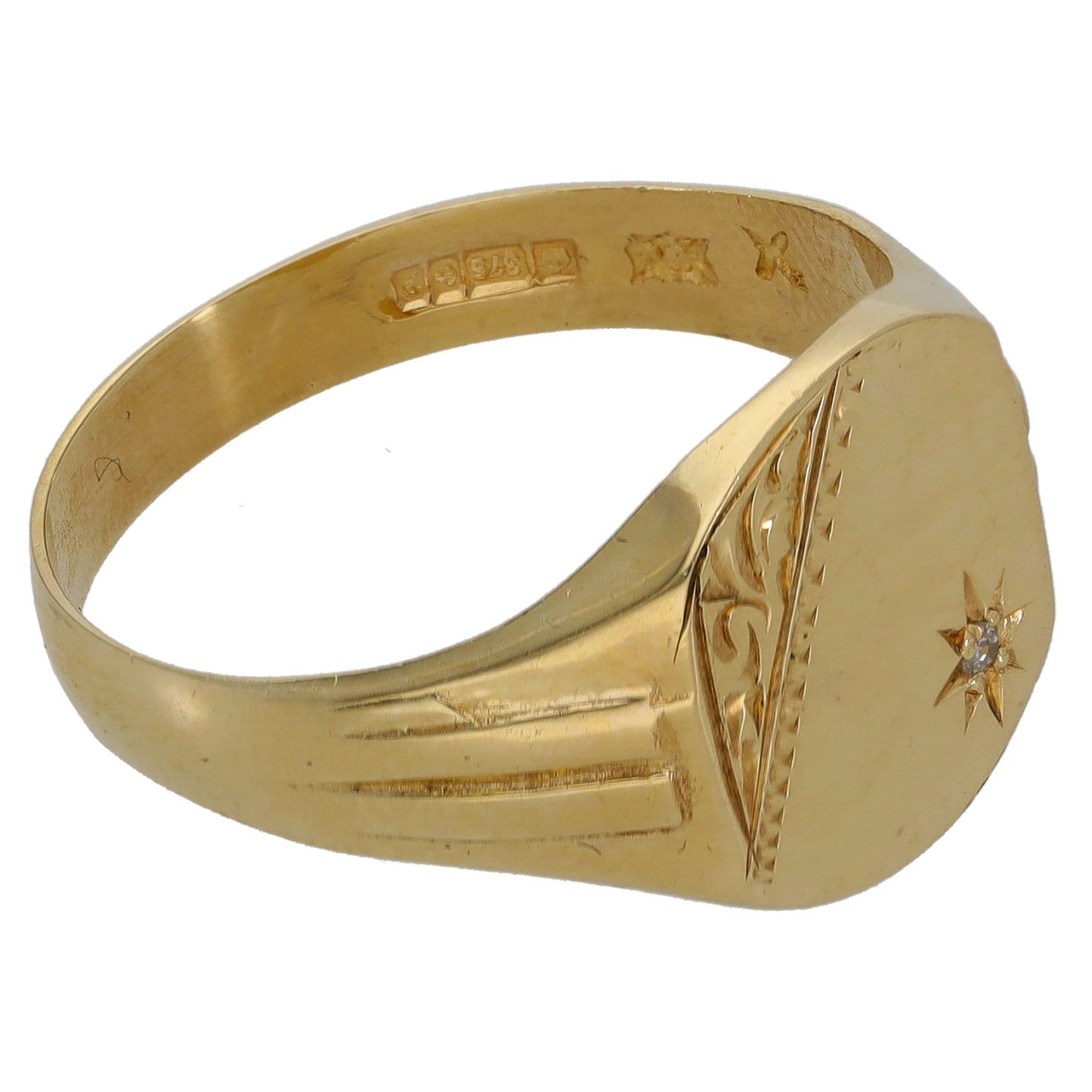 9ct Gold 0.01ct Diamond Patterned Single Stone Signet Ring Size V
