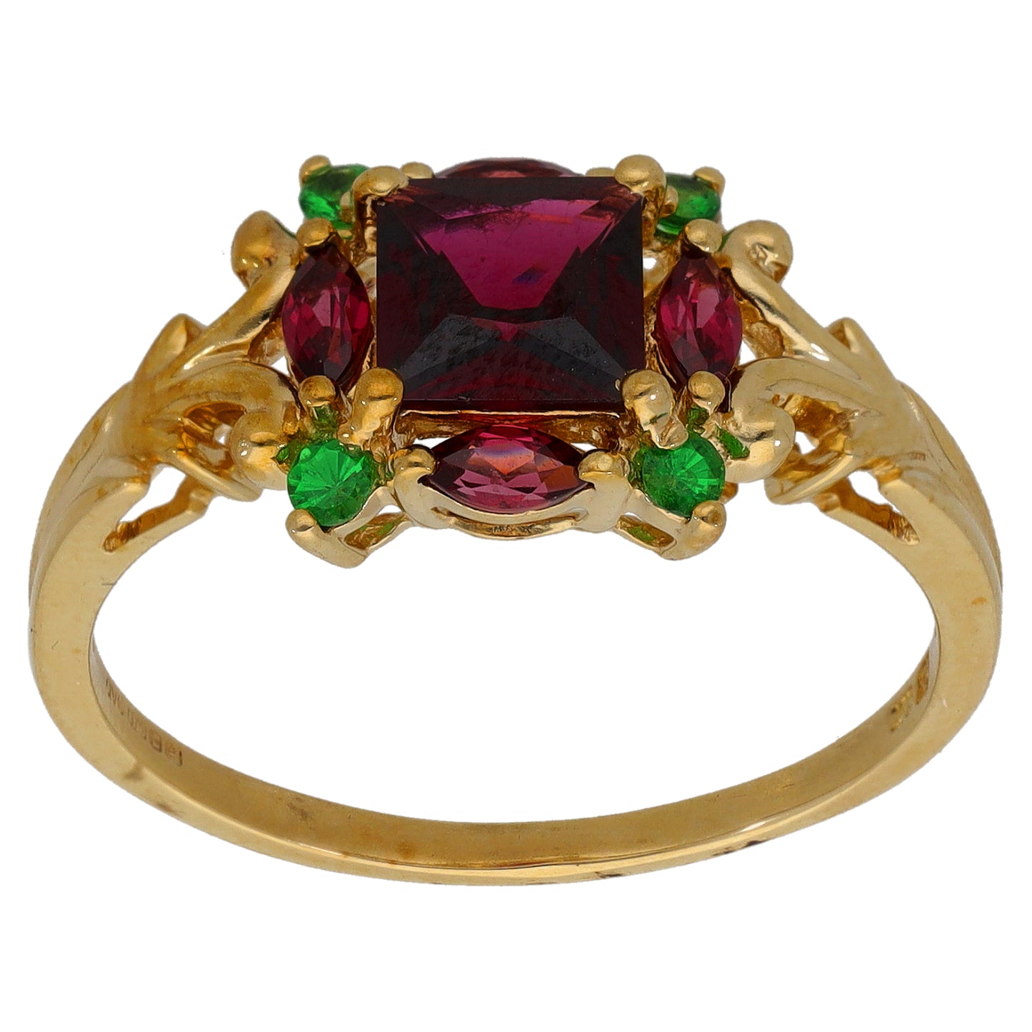 Gold cocktail ring with marquise red gemstones and small green accents, size T