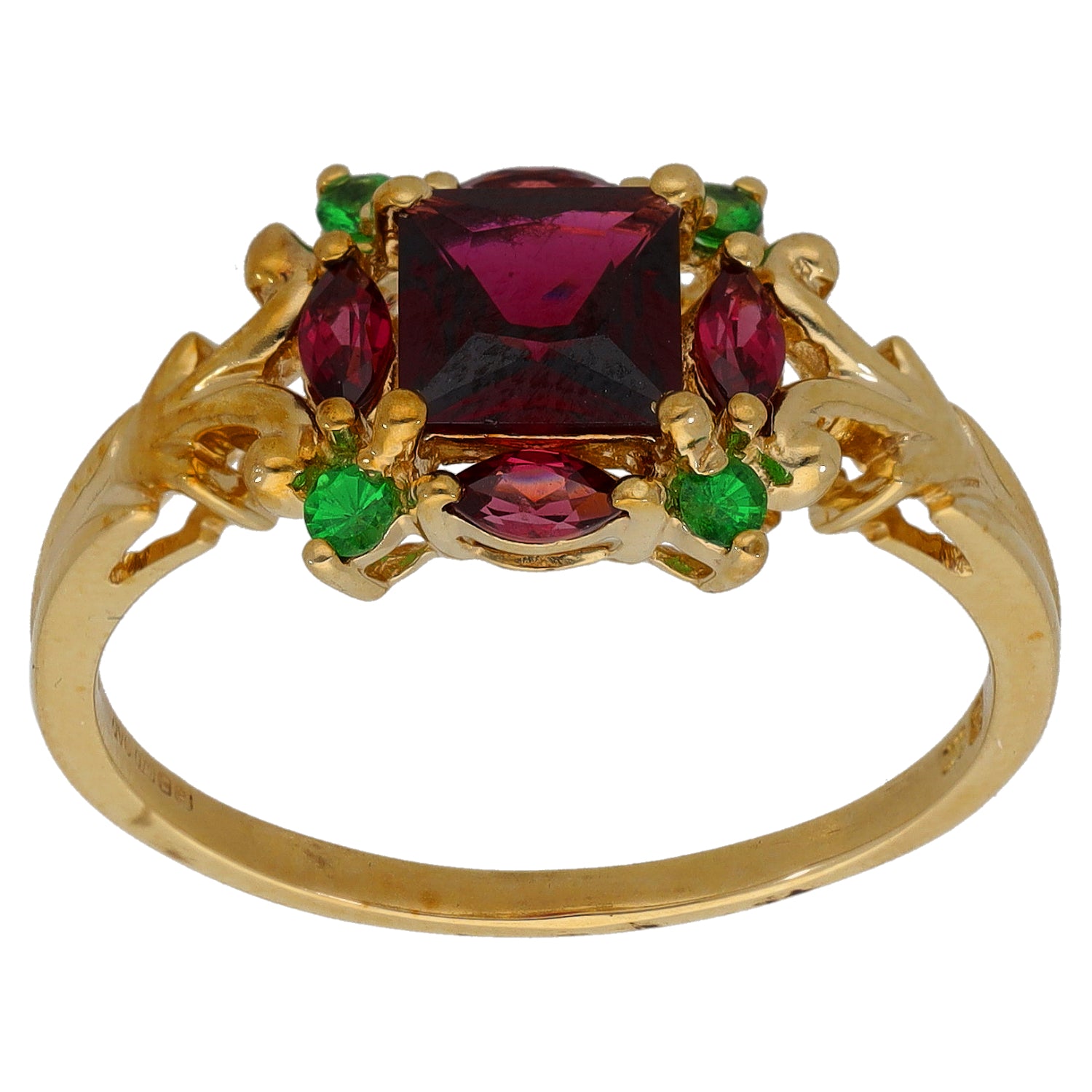 Gold cocktail ring with marquise red gemstones and small green accents, size T