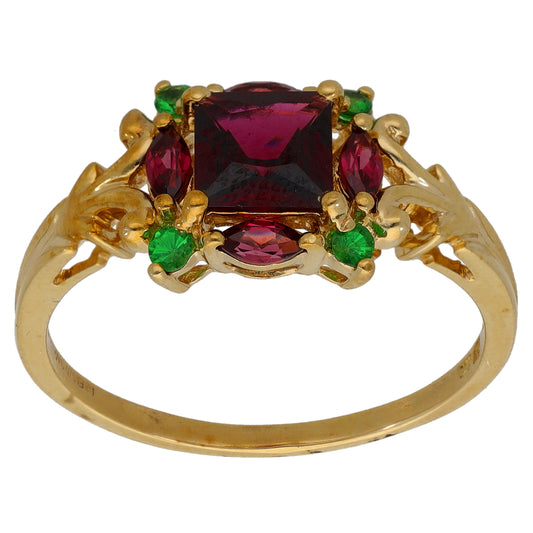 Gold cocktail ring with marquise red gemstones and small green accents, size T