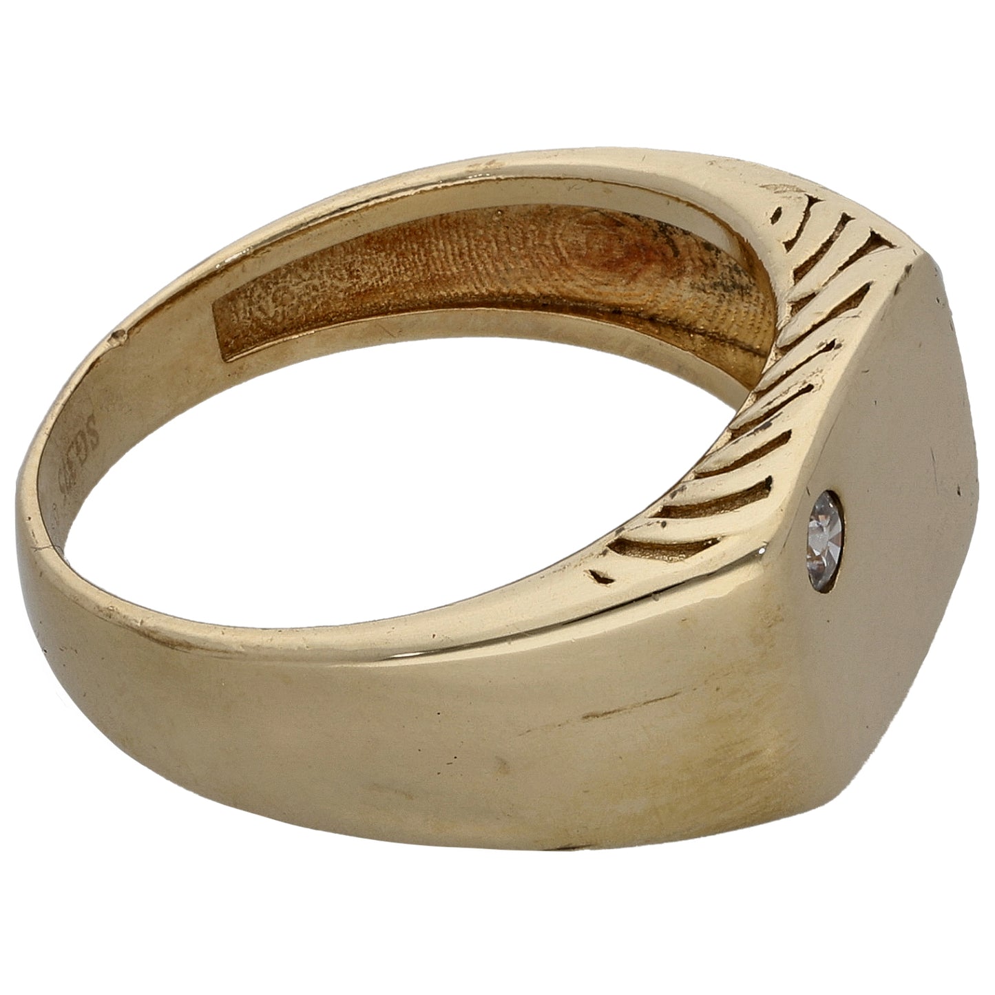 9ct Gold Cubic Zirconia Patterned Single Stone Signet Ring Size R