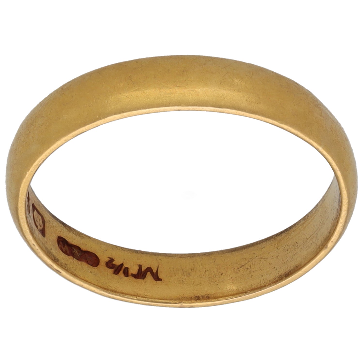 22ct Gold wedding ring with plain band and engraved inner markings, size N