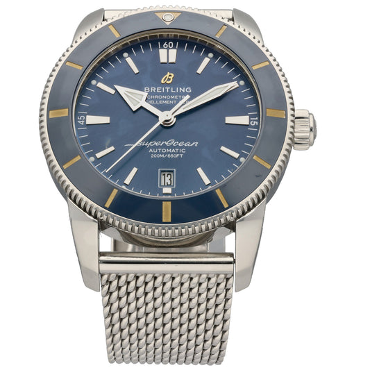 Breitling Superocean AB2020 Stainless steel wristwatch with blue dial, yellow markers, date window, and metal mesh band