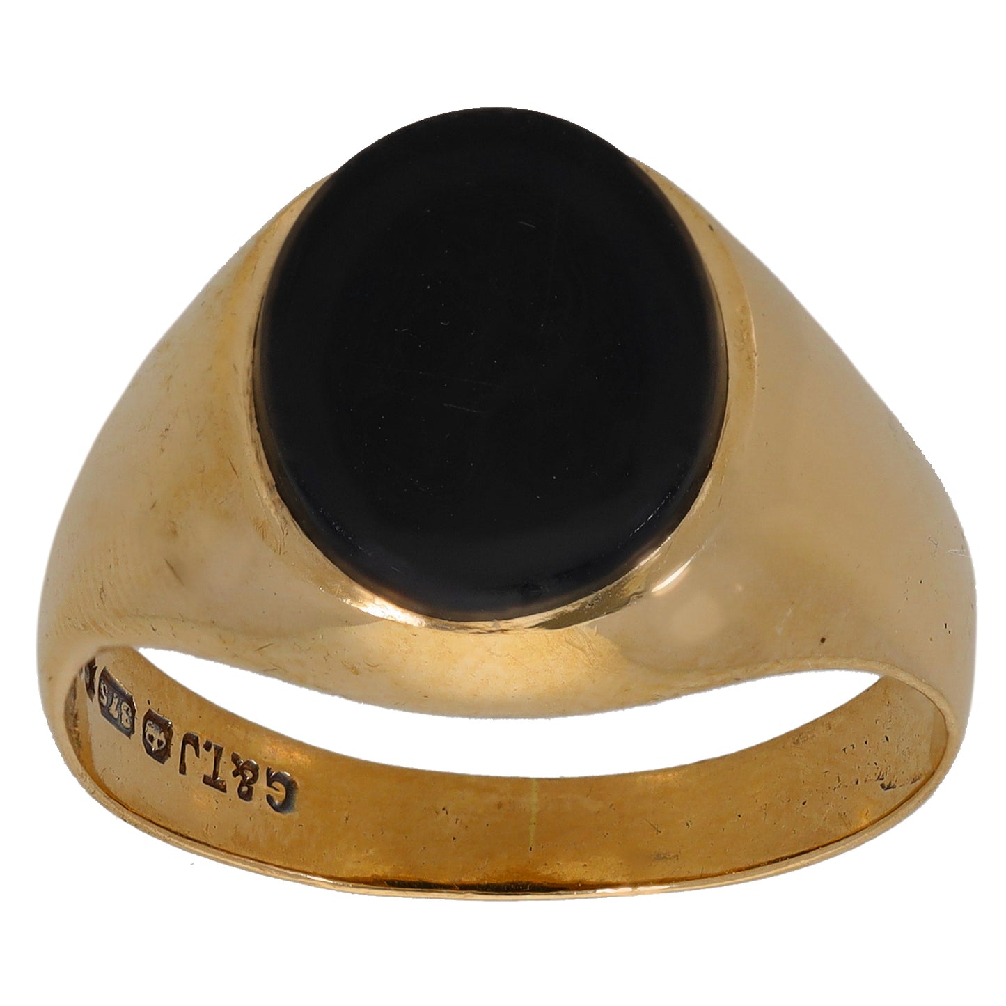 9ct gold onyx signet ring with large oval black stone, top view