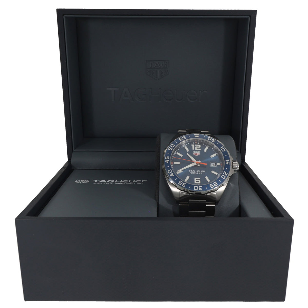 Tag Heuer Formula 1 WAZ1010, blue dial and bezel in 43mm stainless steel case in manufacturer box.