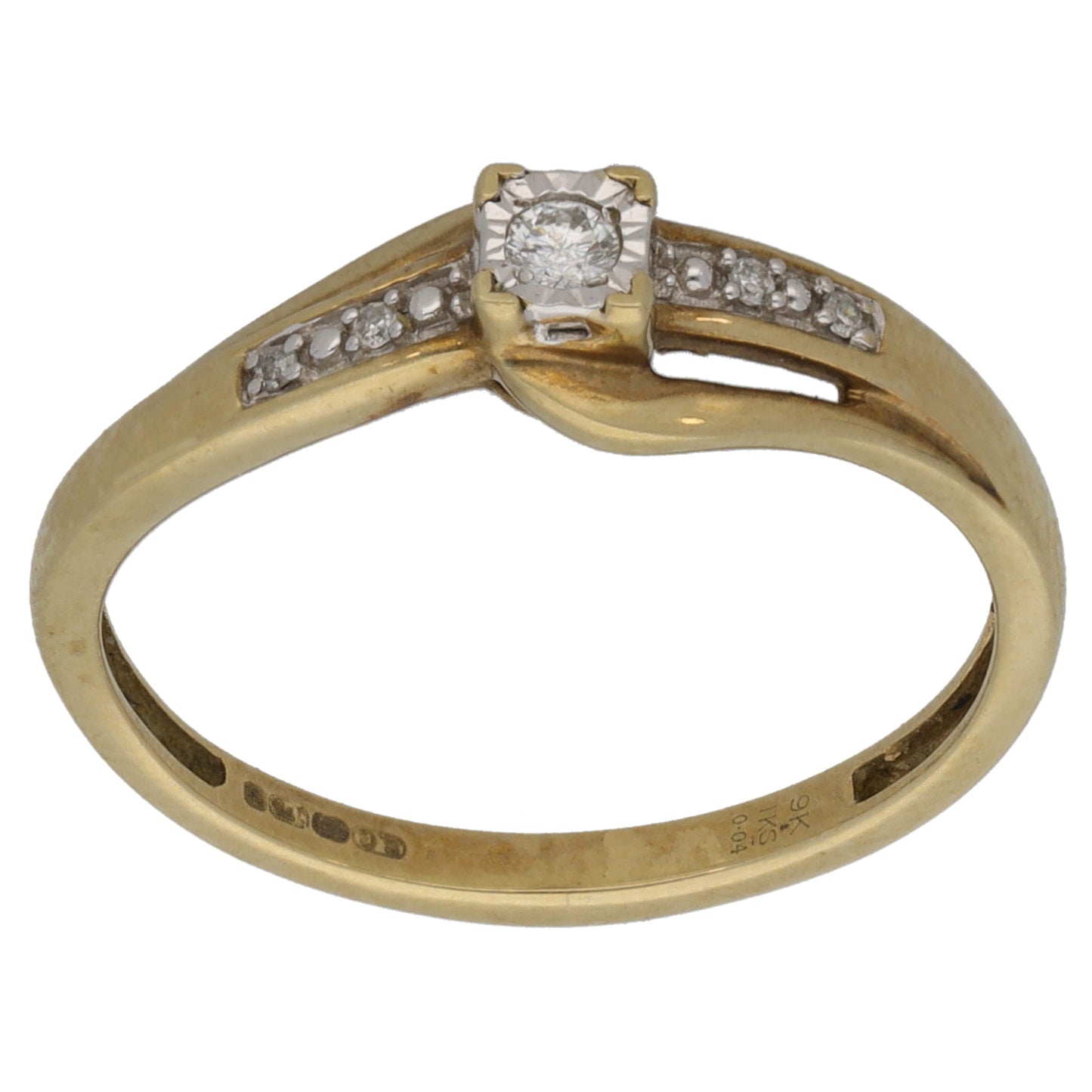 9ct Gold 0.04ct Diamond Solitaire Ring With Accent Stones Size L