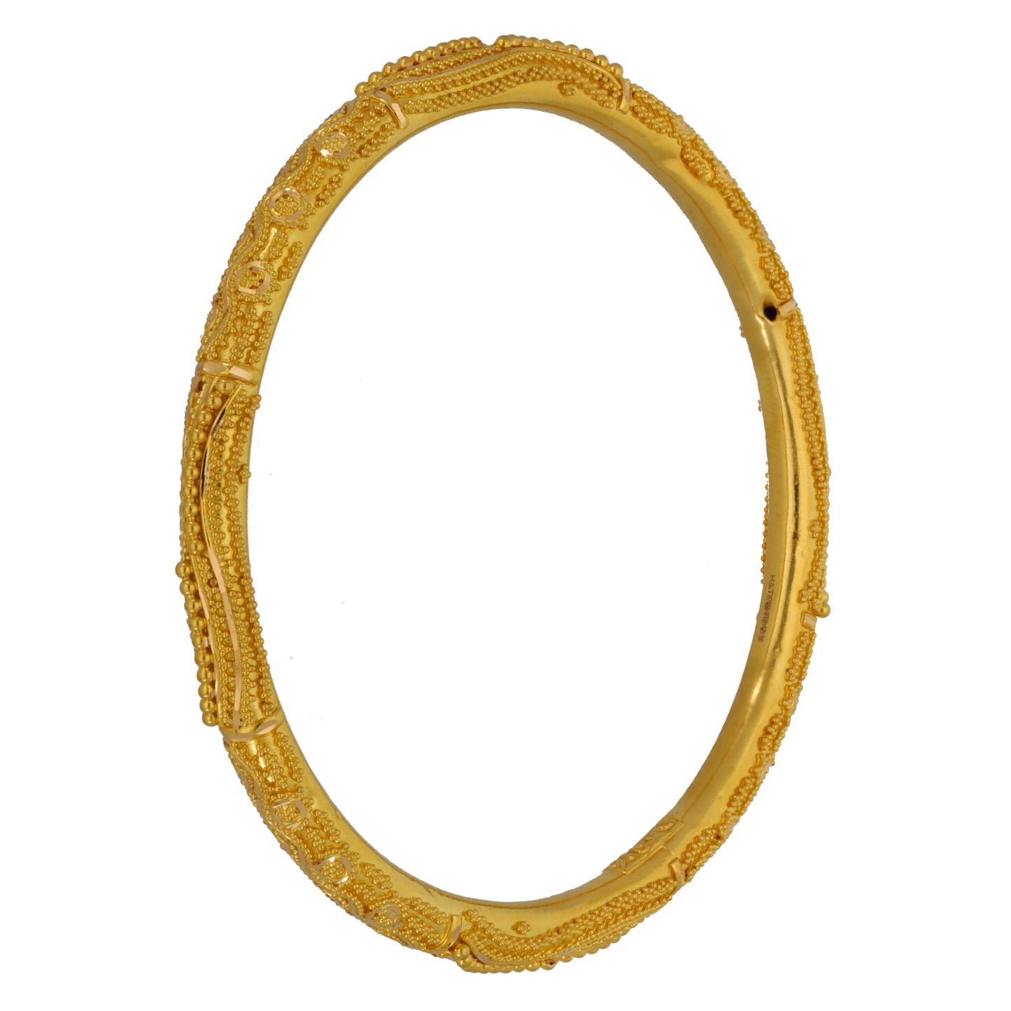 22ct Gold-tone oval bangle with engraved pattern and ridged edges