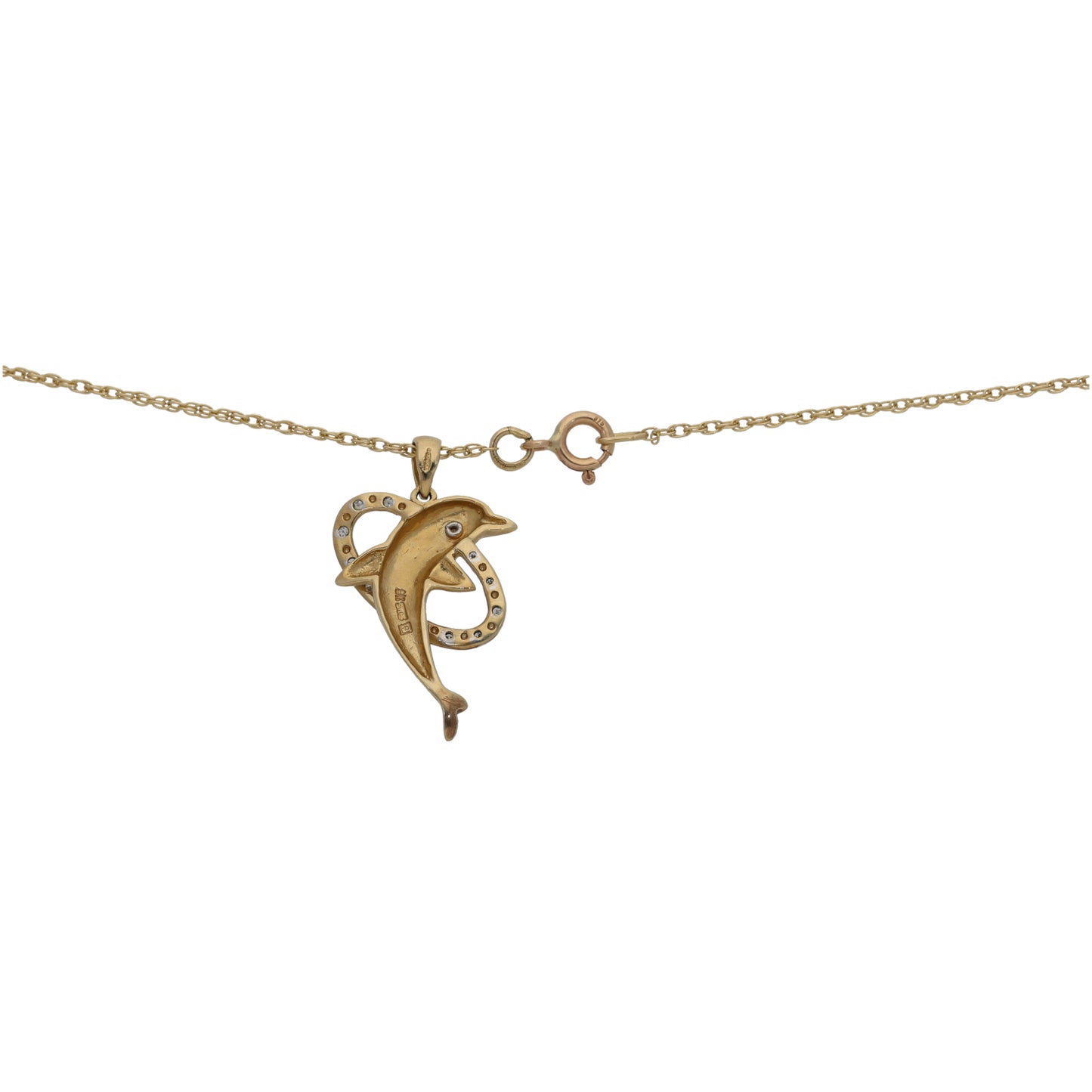 9ct Bicolour Gold 0.065ct Diamond Dolphin Pendant With Chain