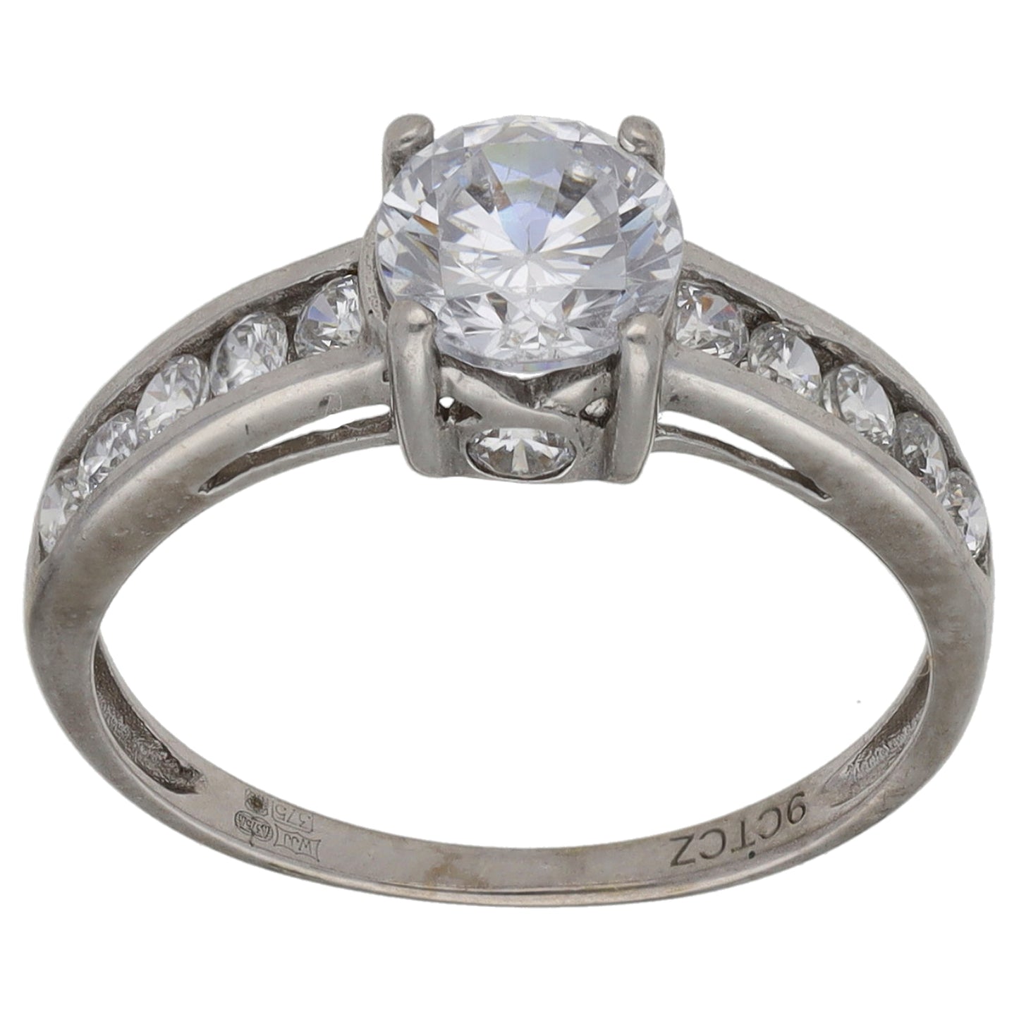 9ct White Gold Cubic Zirconia Single Stone Ring with Accent Stones Size L