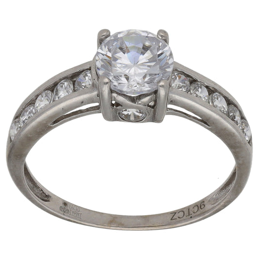 9ct White Gold Cubic Zirconia Single Stone Ring with Accent Stones Size L