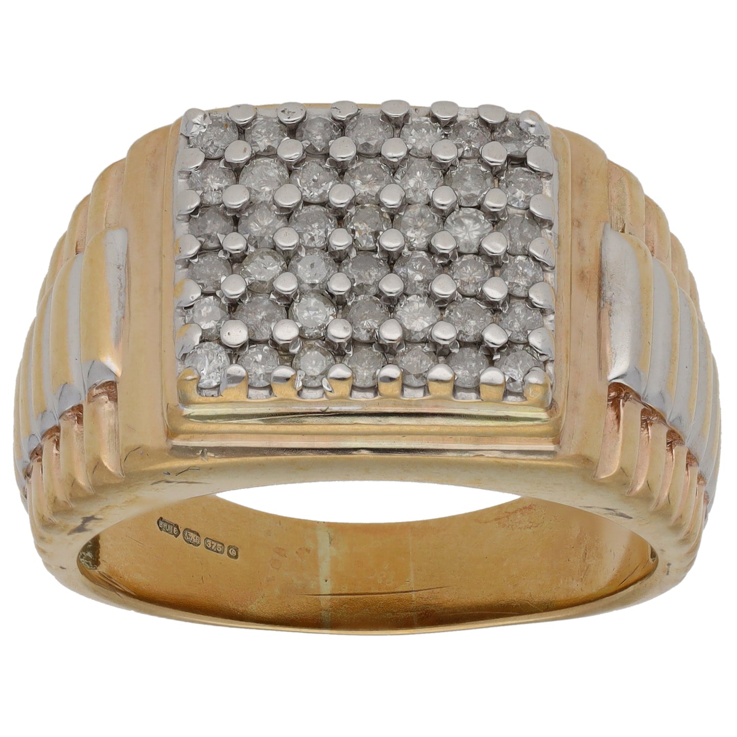 9ct Bi-Colour Gold 1.26ct Diamond Patterned Signet Ring Size Z