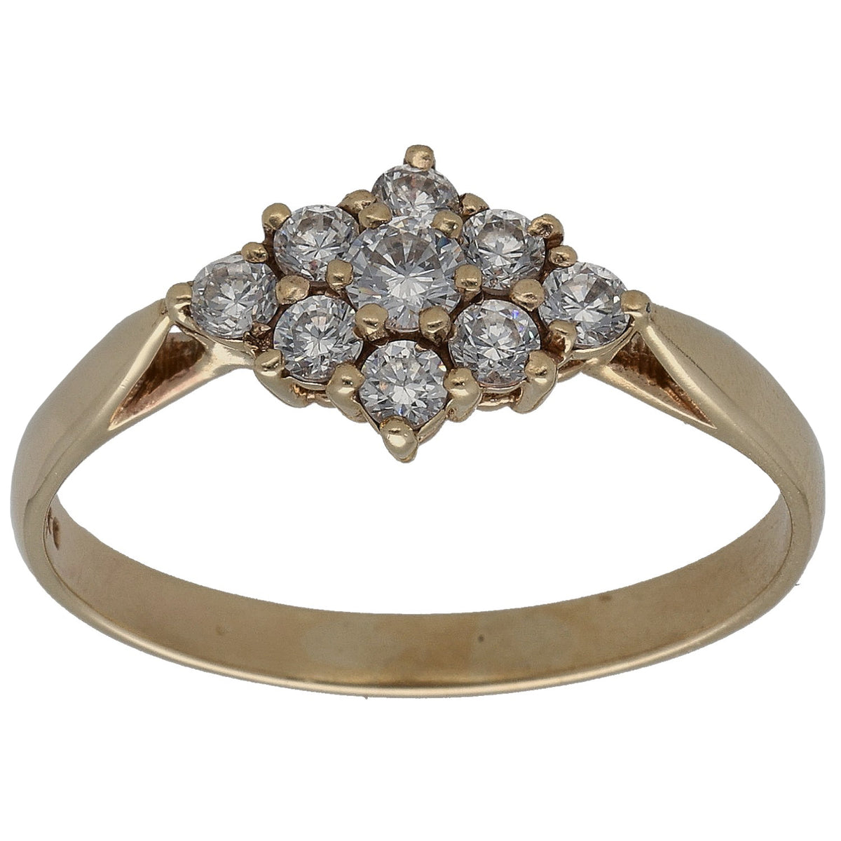 Gold CZ cocktail ring with clustered clear stones on a split band