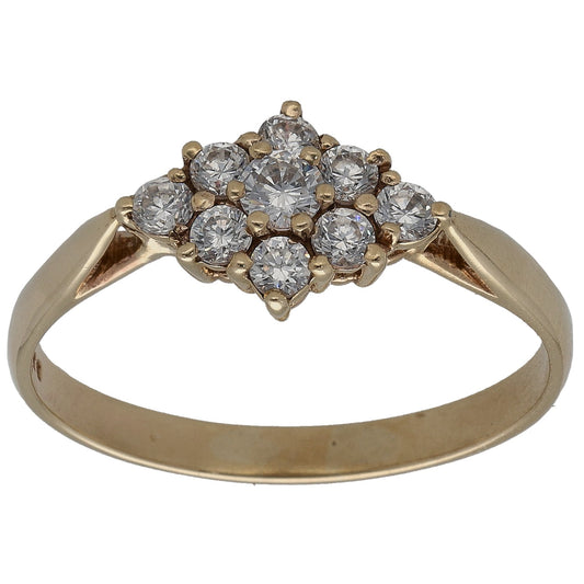 Gold CZ cocktail ring with clustered clear stones on a split band