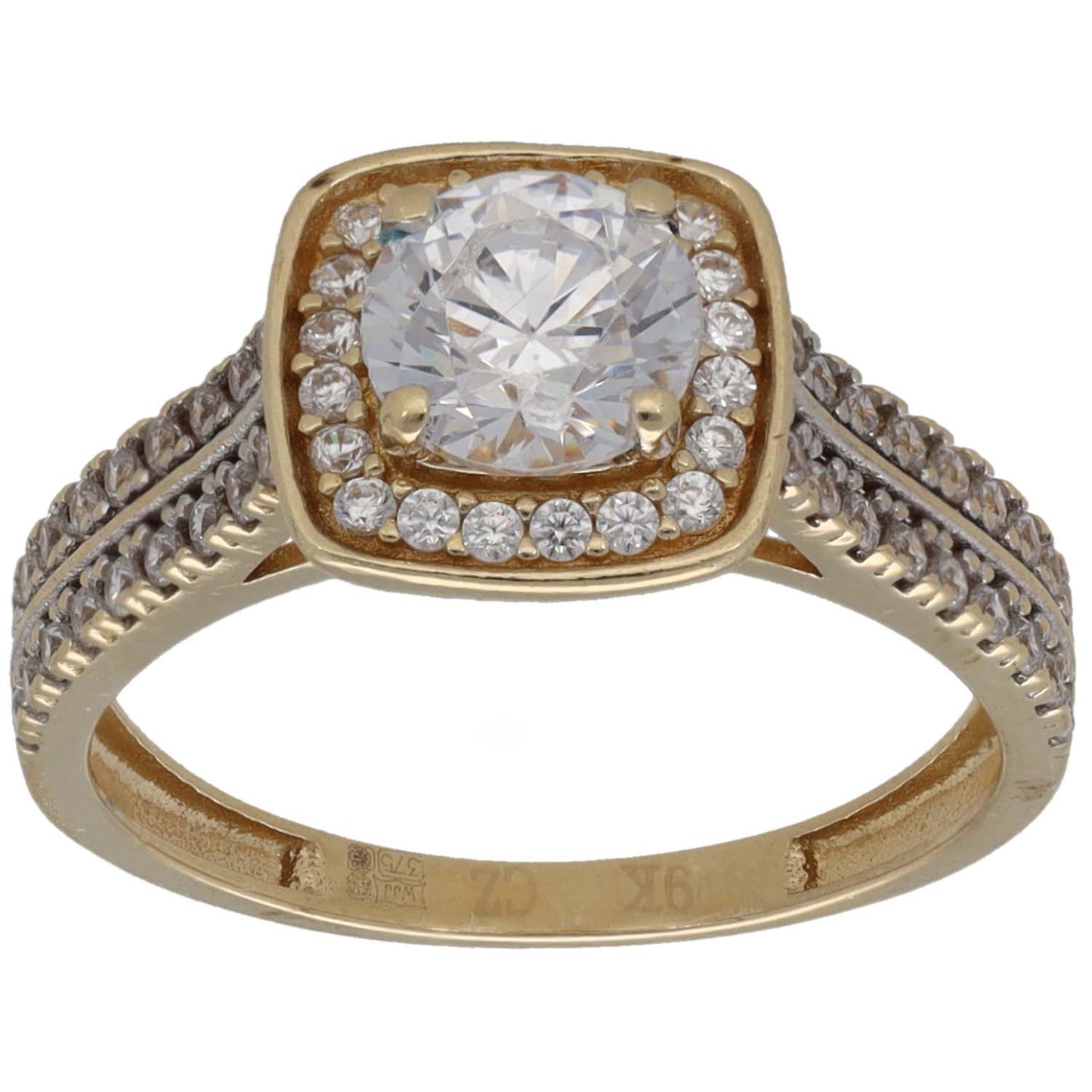Gold cocktail ring with square bezel center CZ, halo stones, and pave braided band