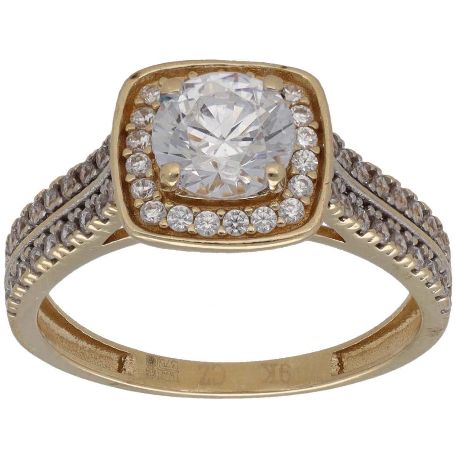 Gold cocktail ring with square bezel center CZ, halo stones, and pave braided band
