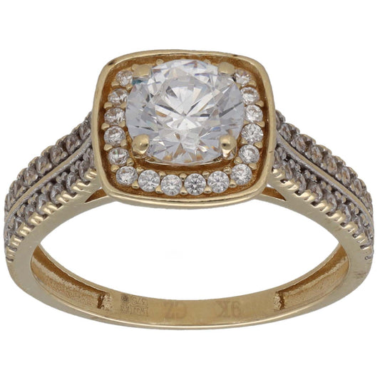 Gold cocktail ring with square bezel center CZ, halo stones, and pave braided band