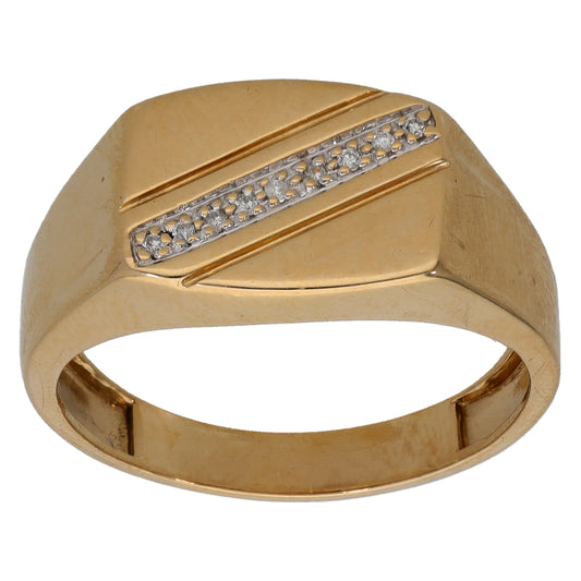 9ct Gold 0.05ct Diamond Patterned Signet Ring Size S