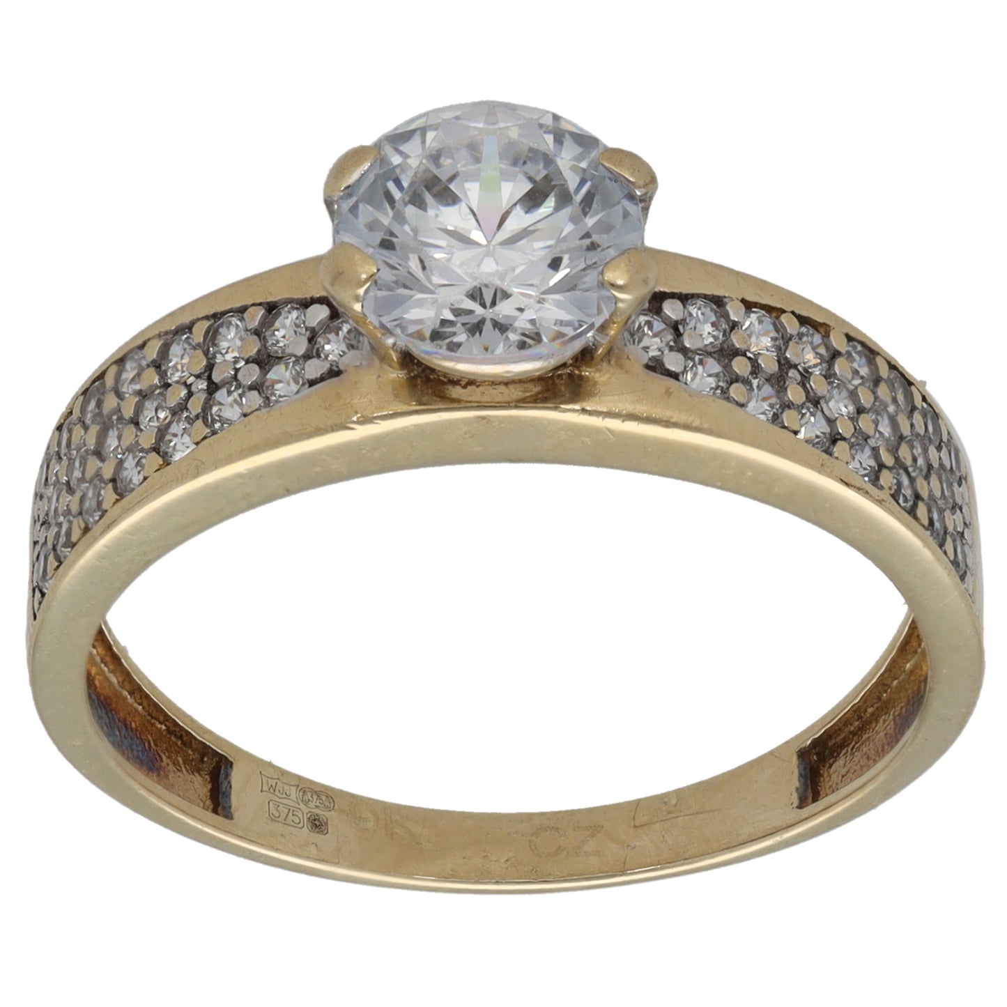 9ct gold CZ cocktail ring with round center stone and pave band, size Q