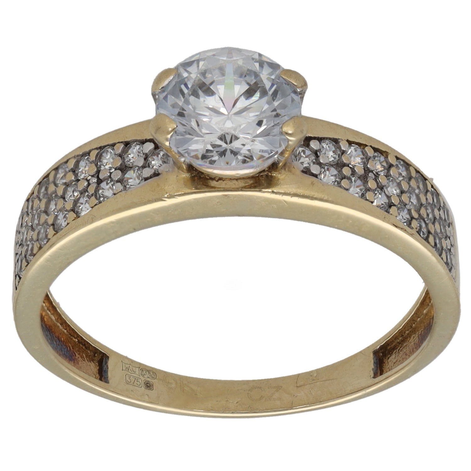 9ct gold CZ cocktail ring with round center stone and pave band, size Q
