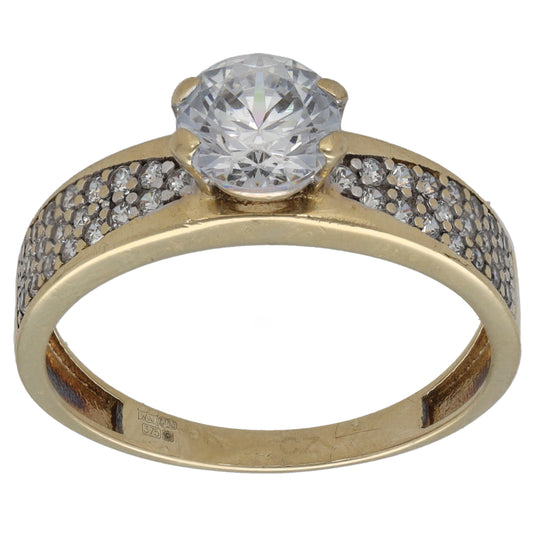 9ct gold CZ cocktail ring with round center stone and pave band, size Q