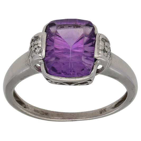 9ct White Gold 0.06ct Diamond & Amethyst Dress/Cocktail Ring Size O