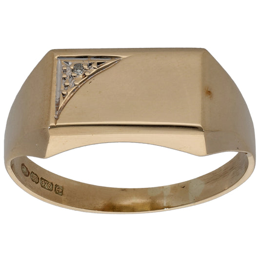 9ct Gold 0.01ct Diamond Plain Single Stone Signet Ring Size W
