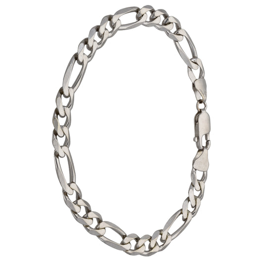 9ct white gold Figaro bracelet with polished link chain