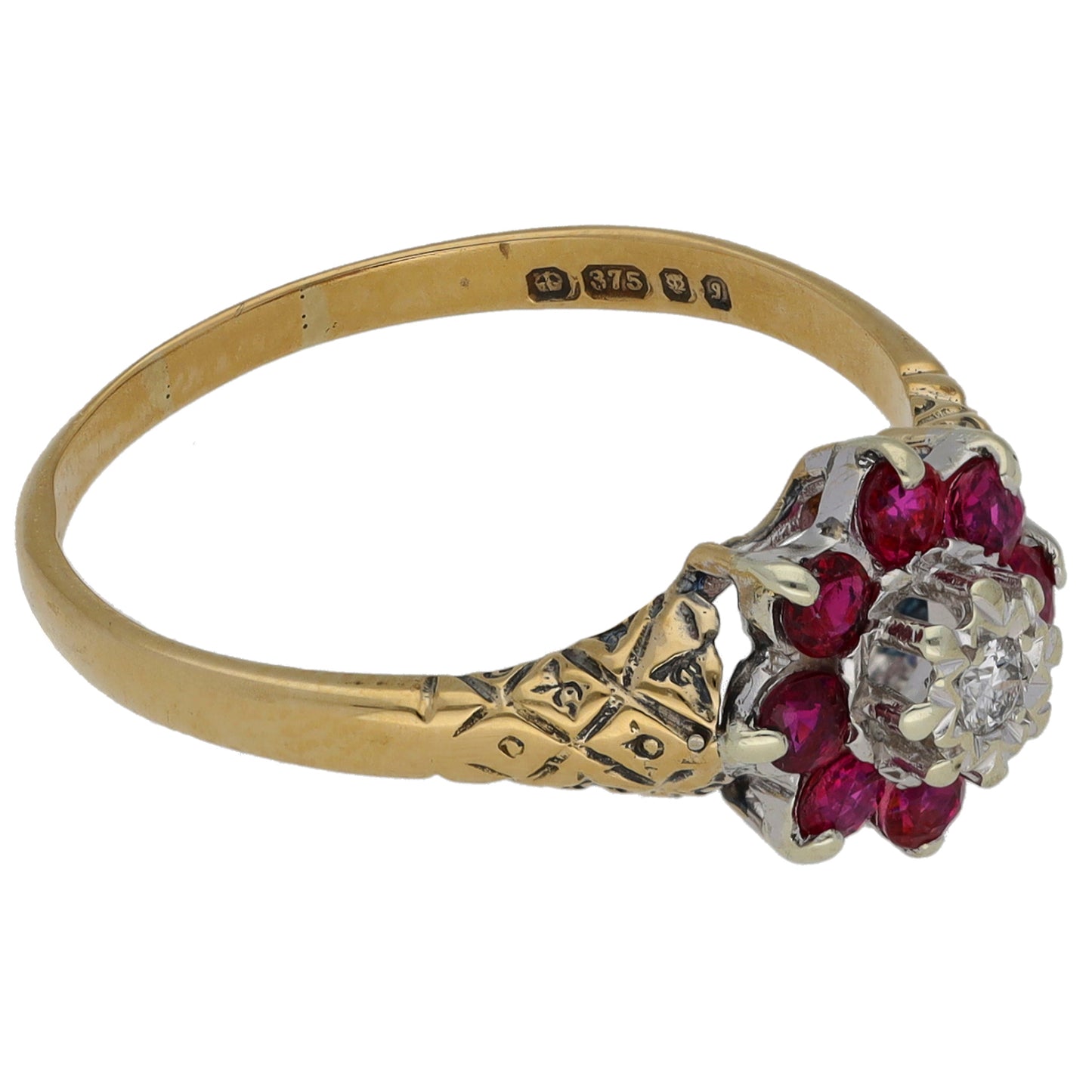 9ct Gold Glass Filled Ruby & 0.03ct Diamond Dress/Cocktail Ring Size Q