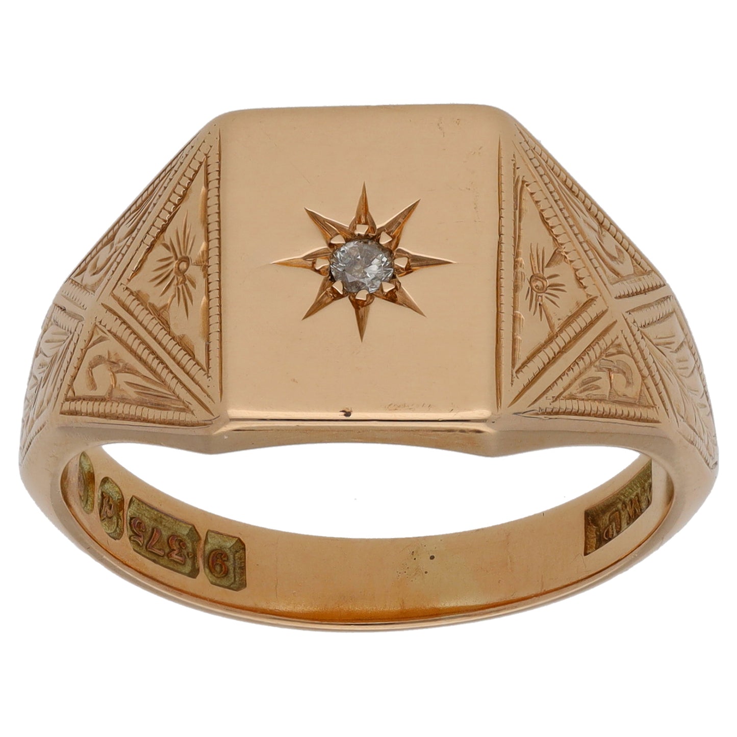 9ct Gold 0.03ct Diamond Single Stone Patterned Signet Ring Size T