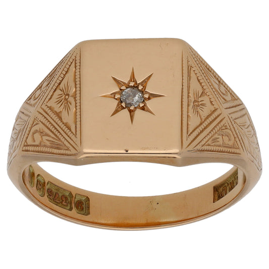 9ct Gold 0.03ct Diamond Single Stone Patterned Signet Ring Size T