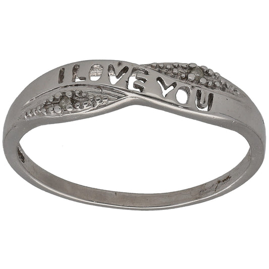 9ct White Gold 0.01ct Diamond Word Ring Size P