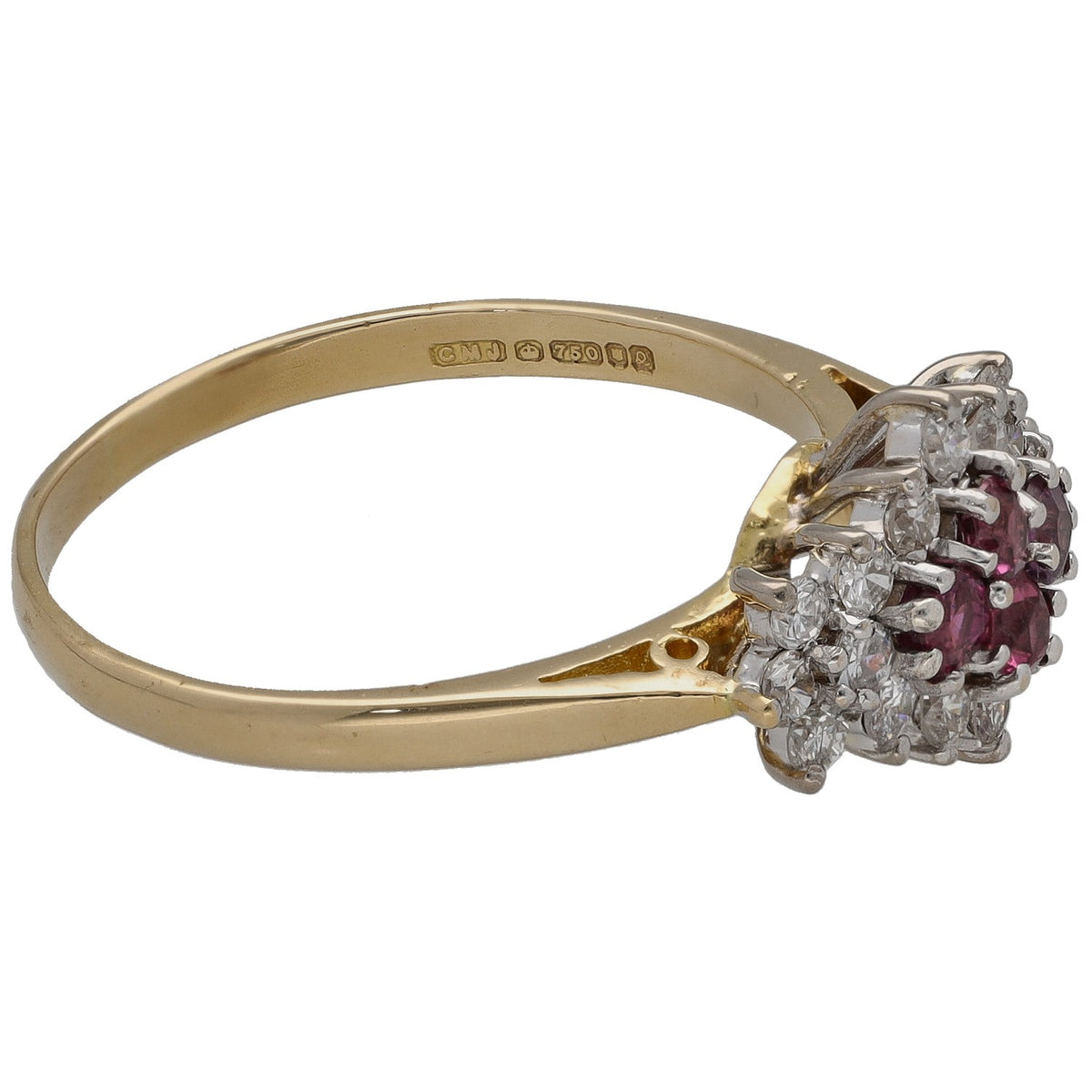 Yellow gold ring with ruby centerpiece encircled by round diamonds, side view of band